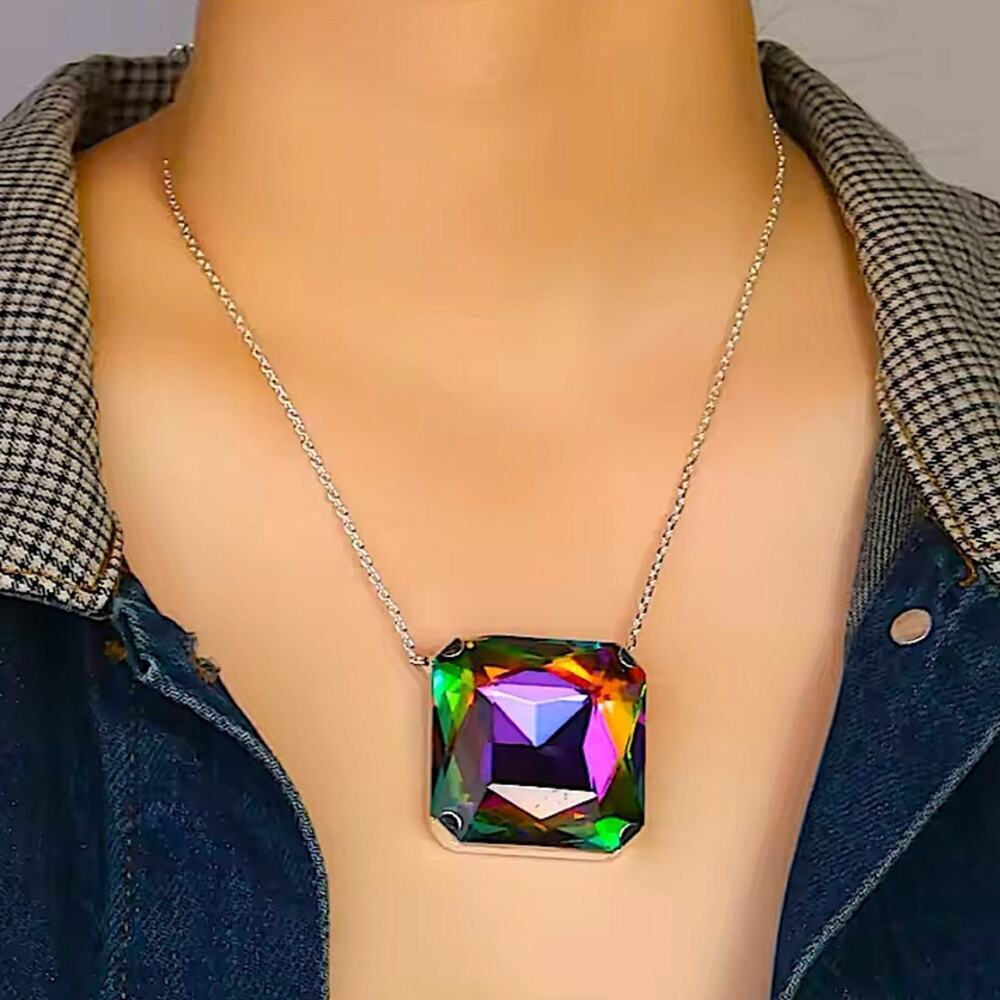 Exaggerated Mystic Fire Silver Crystal Stone Necklace Boho Statement